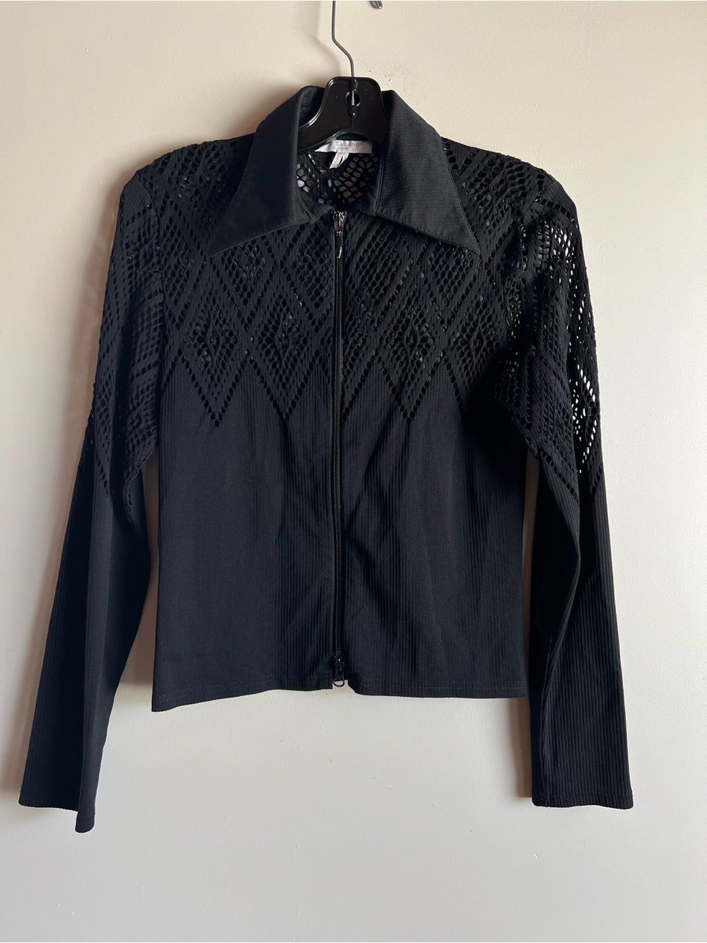 Lily Lalande Black Lace Zip Front Top Size 46 Sheer Long Sleeve Gothic Y2K